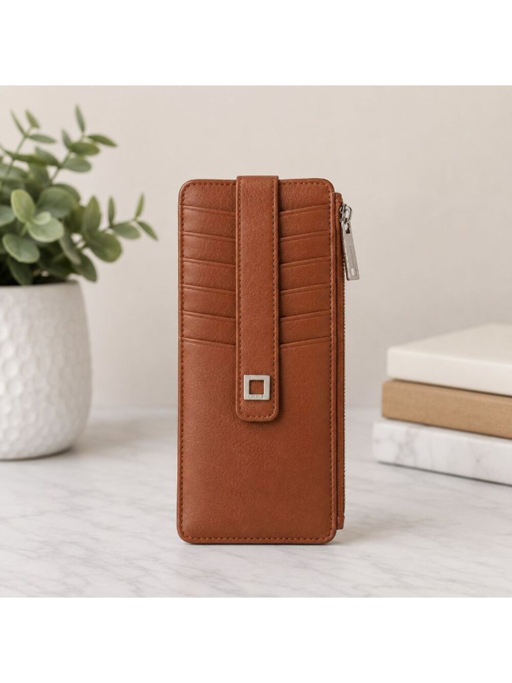 Lodis Julia Long Stacker Brown Leather Wallet Card Holder Zip Pocket Minimalist - Picture 9 of 9